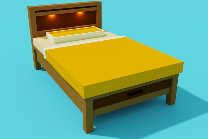 Voxel Wooden Bed with pillow, blanket, drawer and fancy lights. cover image.